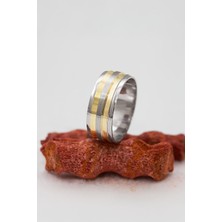 Altın Renk Şeritli Unisex Gümüş Alyans