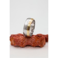 Altın Renk Şeritli Rodyumlu Unisex Gümüş Alyans