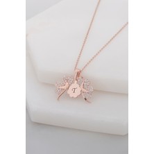 Rose Renk Siyah Taşlı Yonca Harfli Gümüş Bayan Kolye