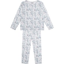 Antebies Organik Beyaz Kış Bahçesi Çiçek Desenli Beli Lastikli Uzun Kollu Kız Çocuk Pijama Takımı