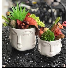2 Li Havelka Buddha Suratlı Beyaz Boyalı Dekoratif Saksı Vazo Set