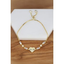 Altın Kaplama Zirkon Taşlı Kalp Gümüş Bayan Bileklik