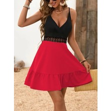 Kadın Ip Askılı Kruvaze Yaka Bel Dantel Ithal Krep Elbise