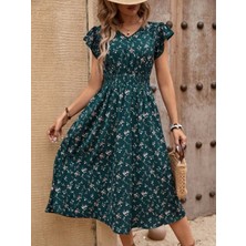 Kadın Kısa Kollu V Yakalı Beli Lastikli Çiçek Desenli Süprem Elbise