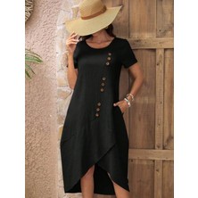 Kadın Kısa Kollu Bisiklet Yaka Düğme Detay Müslim Elbise