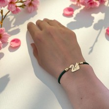 14 Ayar Altın Plakalı Pelin Ismine Özel Kuğu Kuşu Figürlü Koyu Yeşil Örgülü Hediye BILEKLIK-607ISIM