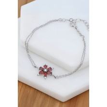 Kırmızı Zirkon Taşlı Rodyumlu Gümüş Lotus Bayan Bileklik