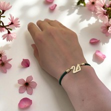 14 Ayar Plakalı Altın I Harfine Özel Koyu Yeşil Örgülü Kuğu Kuşu Figürlü Hediye BILEKLIK-607HARF