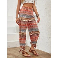 Kadın Yüksek Belli Yanlardan Yırtmaç Detaylı Desenli Bürümcük Pantolon