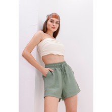 Genıus Store Kadın Şort Aerobin Pamuklu Cepli Çekmez Kumaş Beli Lastikli Şort
