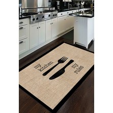 Dijital Baskılı Kaymaz Jüt Görünümlü Kitchen Yazılı Siyah Çerçeveli Mutfak Halısı DC-5034