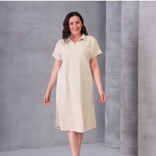 Kadın Büyük Beden Polo Yaka Cepli Yıkamalı %100 Pamuk Modal Elbise