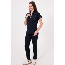 Uçak İş Giyim Lacivert Myra Premium Likralı Doktor Hemşire Forma Takımı Scrubs Üniforma