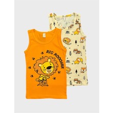 Erkek Çocuk Pamuklu Turuncu Krem Rengi Aslan Desenli 2 Li Atlet Takımı