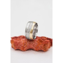 Su Yolu Motifli Altın Renk Şeritli Bayan Gümüş Alyans