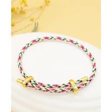 Çelik Gold Detaylı Ayarlanabilir Pembe Kırçıllı Ip Bileklik