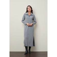 %100 Yün Fermuarlı Polo Yaka Yırmaç Detaylı Elbise