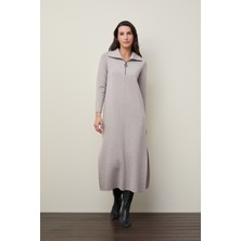 %100 Yün Fermuarlı Polo Yaka Yırmaç Detaylı Elbise