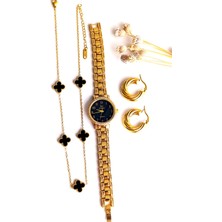 Küpe Halka, Kolye Van Cleeff ve Saat Rower  Altın Kaplama Zirkon Taş 316 L Çelik 3'lü Set