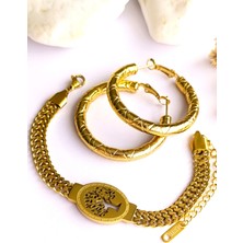 Küpe Halka ve Bileklik Yaşam Ağacı  Altın Kaplama 316 L Çelik 2'li  Set