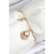 Pirinç Zirkon Taşlı Incili Istiridye Model Gold Renk Kadın Bileklik