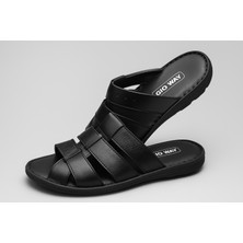 Growish GR0214 Hakiki Deri Kaydırmaz Taban Yumuşak Kayış 3 Bant Siyah Erkek Sandalet