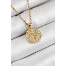 316L Çelik Zirkon Taşlı Madalyon Model Gold Renk Kadın Kolye - TJ-BKO10367