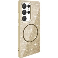 Galaxy ile Uyumlu S25 Ultra Kılıf M-Safe Şarj Özellikli Parlayan Simli Zore Okso Kapak Gold