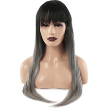 MiraLive Fiber Sentetik Uzun Düz Kahküllü Peruk - Siyah Gri Ombreli