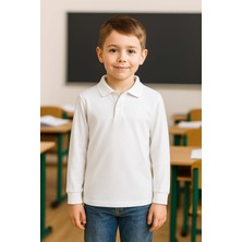 Beyaz Okul T-Shirt , Beyaz Uzun Kollu Polo Yaka Kız Erkek Çocuk Unisex Okul Tişörtü