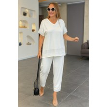 Sosostyle Kadın Kısa Kollu V Yakalı Pul Payetli Viskon Iki Iplik Bluz ve Pantolon Ikili Takım