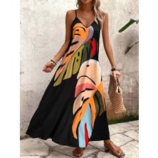 Gökyüzü Moda Kadın Ip Askılı V Yakalı Desenli Süprem Maxi Elbise