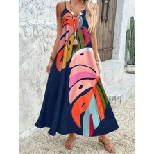 Gökyüzü Moda Kadın Ip Askılı V Yakalı Desenli Süprem Maxi Elbise