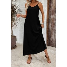 Aisha Elbise Kadın Ip Askılı Geniş V Yakalı Desenli Süprem Elbise