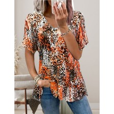 Ag Shoppings Kadın V Yaka Renkli Leopar Desen Büzgü Detay Süprem Bluz