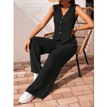 Ahes Shopping Kadın Sıfır Kollu Düğmeli Yelek ve Pantolon Bürümcük Ikili Takım