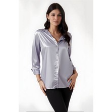 Hazelin Kadın Gri Hafif Dökümlü Saten Yüzeyli Gömlek HZL22W-BD139641