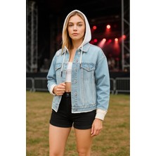 Blue White Kadın Garnili Oversize Jean Ceket Açık Mavi