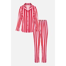 Kadın Çizgili Gömlek Yakalı Pijama Takımı