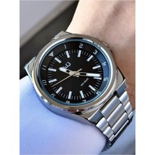 Erkek Gümüş Gri Klasik Damat Metal Kordon Fosfor Çizgi Siyah Kadran Analog Saat