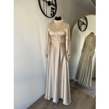 Saten Taşlı Abiye Bej