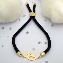 Altın Plakalı 14 Ayar T Harfine Özel Siyah Örgülü Sevgi Kuşu Motifli Hediye BILEKLIK-610HARF