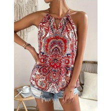 Kadın Halter Kollu Damla Detaylı Desenli Süprem Bluz