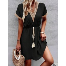 Kadın Kısa Kollu V Yakalı Belinde Bağcıklı Viskon Elbise