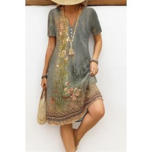 Kadın Kısa Kollu V Yakalı Desenli Süprem Elbise