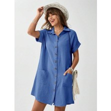 Kadın Cep Detay Müslin Kumaş Mini Gömlek Elbise