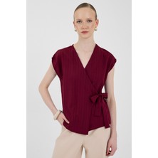 Bordo Kruvaze Yaka Bağlama Detaylı Bluz 8025A