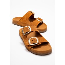 Luvi Ovesta Taba Süet Hakiki Deri Çift Bantlı Kadın Terlik