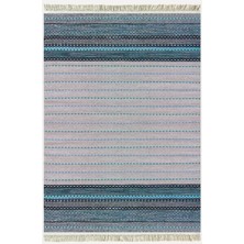 Cotton Kilim 52 Mavi ve Gri Zeminli Geneleksel Motifler Modern Dekoratif Yıkanabilen Dokuma Kilim