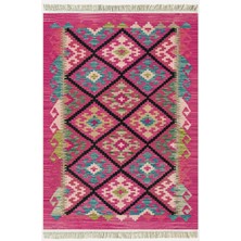 Cotton Kilim 61 Füşya Geleneksel Motifler Modern Dekoratif Saçaklı Yıkanabilen Dokuma Kilim